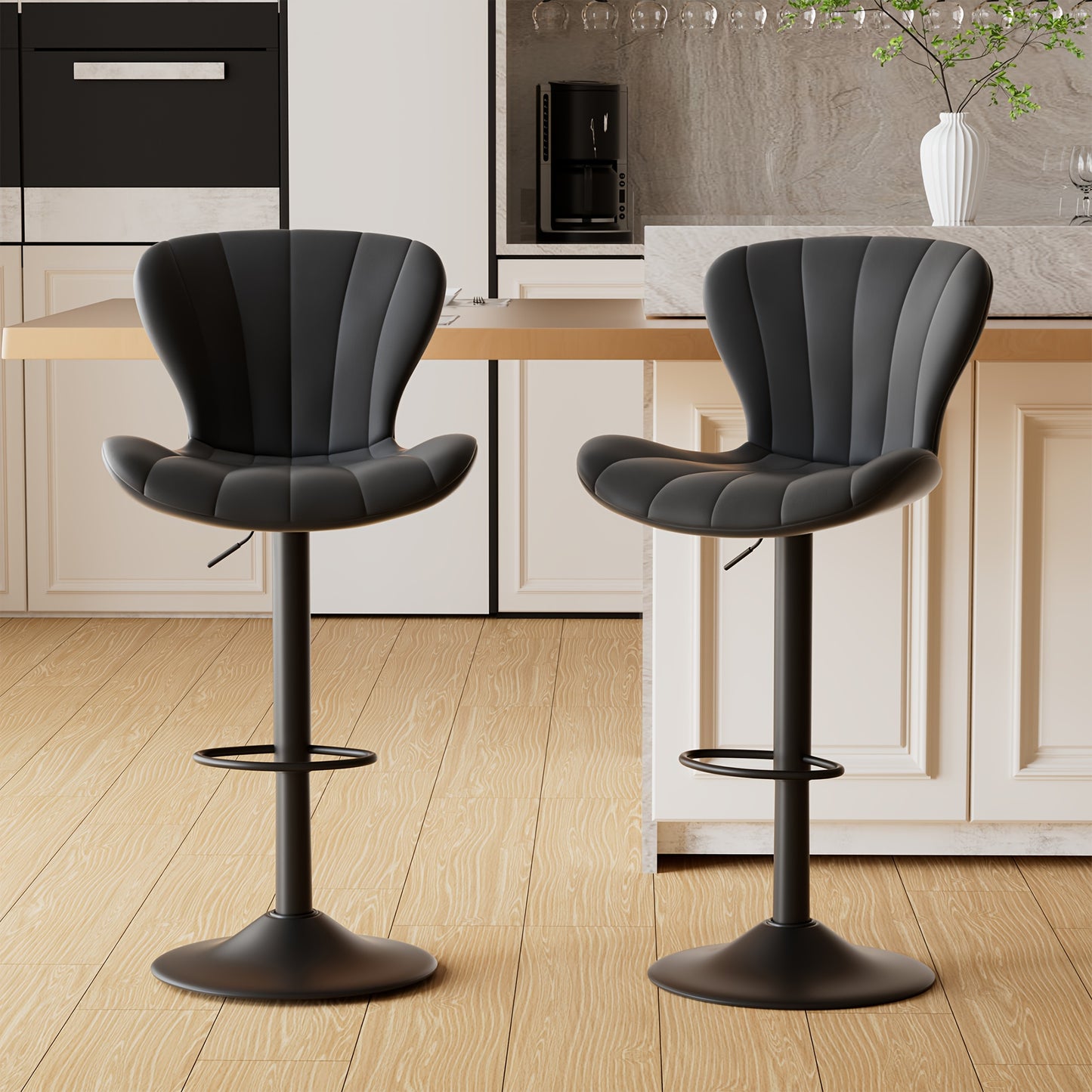 Barkrukken – Barstoelen – Hoogzitstoelen – Keukenkrukken – Barstoelen met rugleuning – 360° Draaibaar – Verstelbare Zithoogte – Zwart Kunstleer – Mid-century Modern
