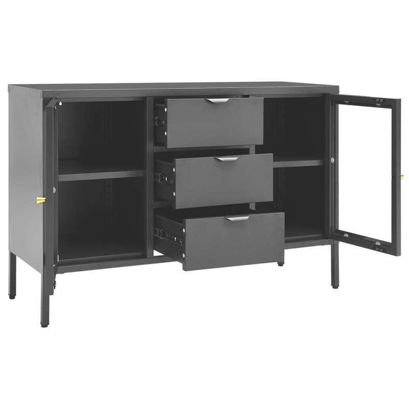 Sideboard – Dressoir – Kast – Opbergmeubel – Buffetkast – Antraciet – Staal en Gehard Glas – Compact en Verplaatsbaar