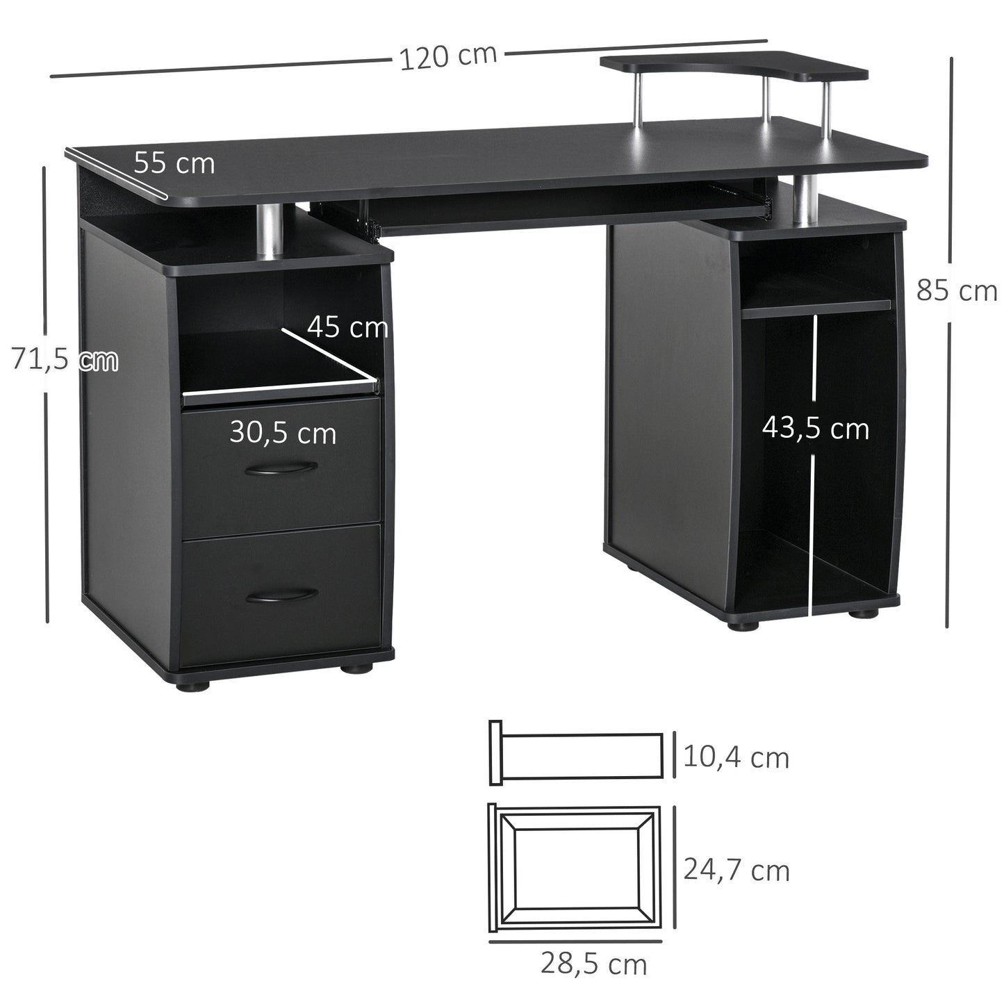 Computertafel – Computerbureau – Bureautafel – Werktafel – Studietafel – 120x50 cm – Met Lade en Printerplank – Zwart Melamine Met Metalen Frame