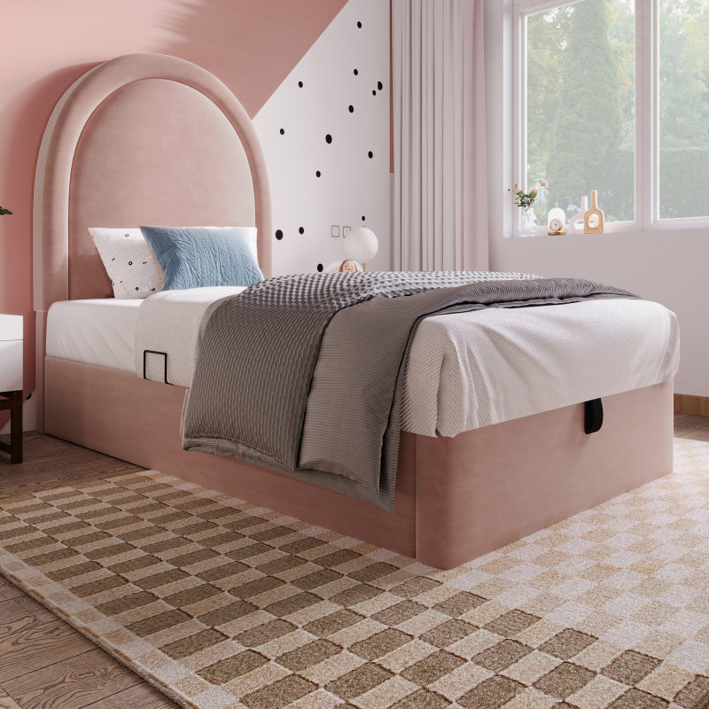 Eenpersoonsbed – Eenpersoonsbedframe – Kinderbed – Jeugdbed – Logeerbed – Vintage Fluwelen Gestoffeerd – Opbergruimte – 90x200 cm – Zonder Matras – Pastelroze – Eenvoudige Montage