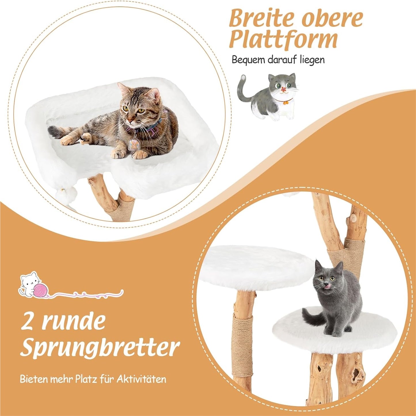 Krabpaal – Kattenboom – Kattenmeubel – Kattenhuis – Kattentoren – Houten Krabpaal – 4 Niveaus Met 2 Ronde Platforms – Stevig Perenhouten Frame