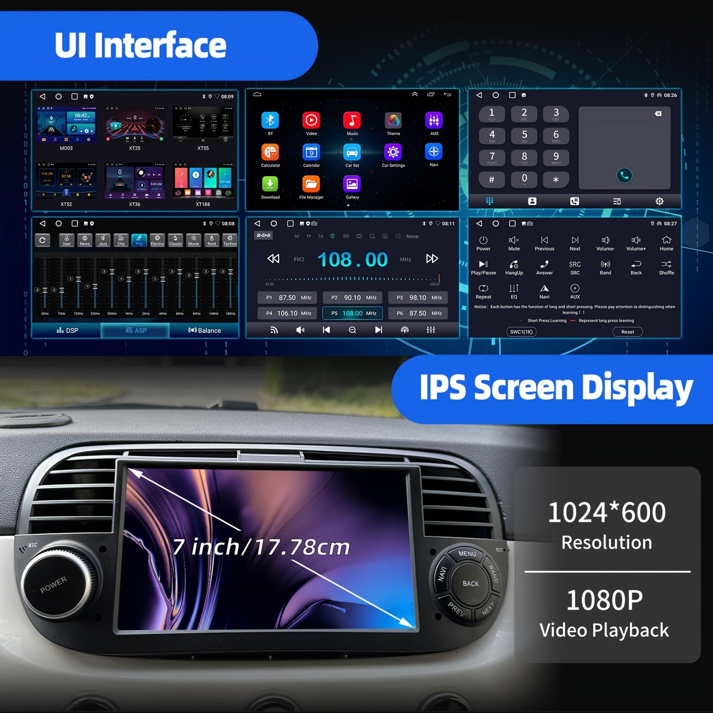 Multimedia Autoradio – 2 DIN Radio – Auto Stereo – Touchscreen Navigatie – Fiat 500 Autoradio 2007-2015 – 7-Inch HD Scherm – Android 14 Systeem