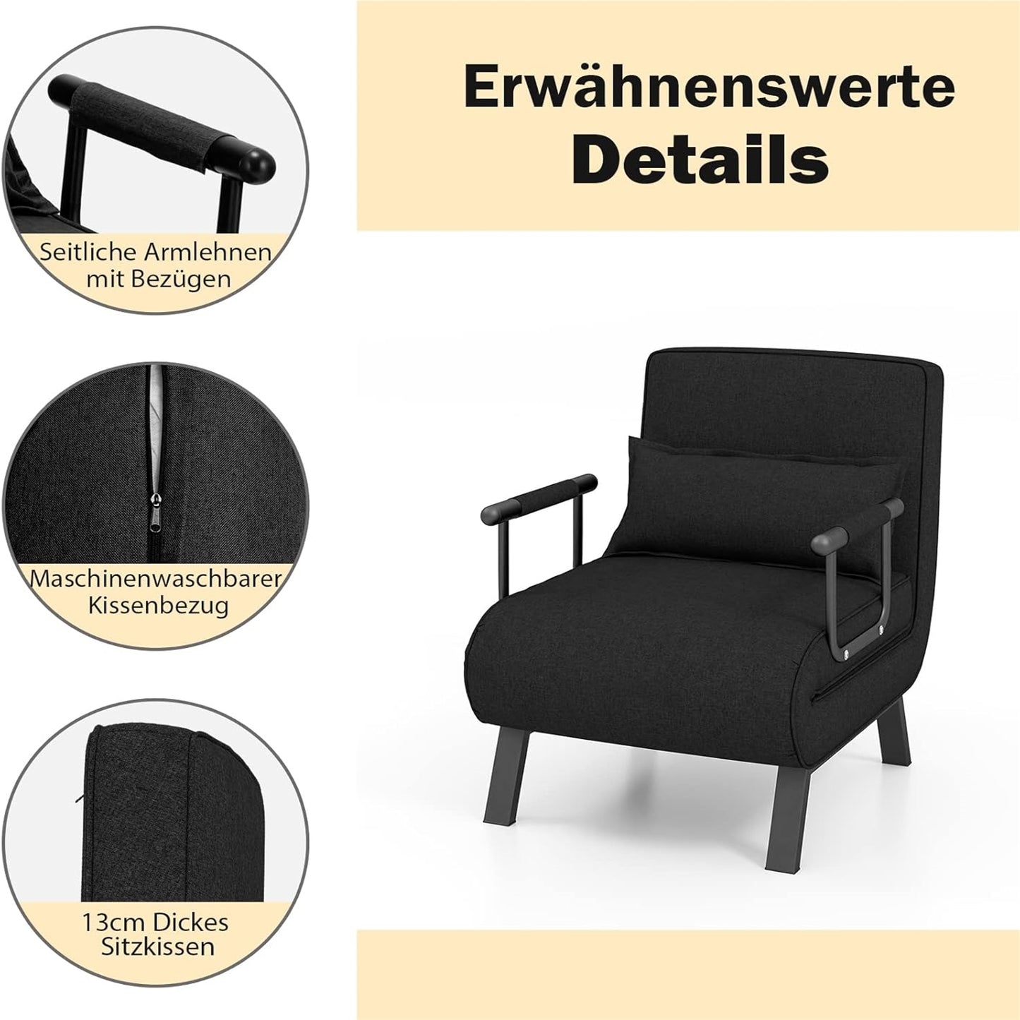 Bankbed – Slaapbank – Sofa – Bedbank – Slaapstoel – 4-in-1 Inklapbaar Design – Verstelbare Rugleuning 6-standen – Met Metalen Frame