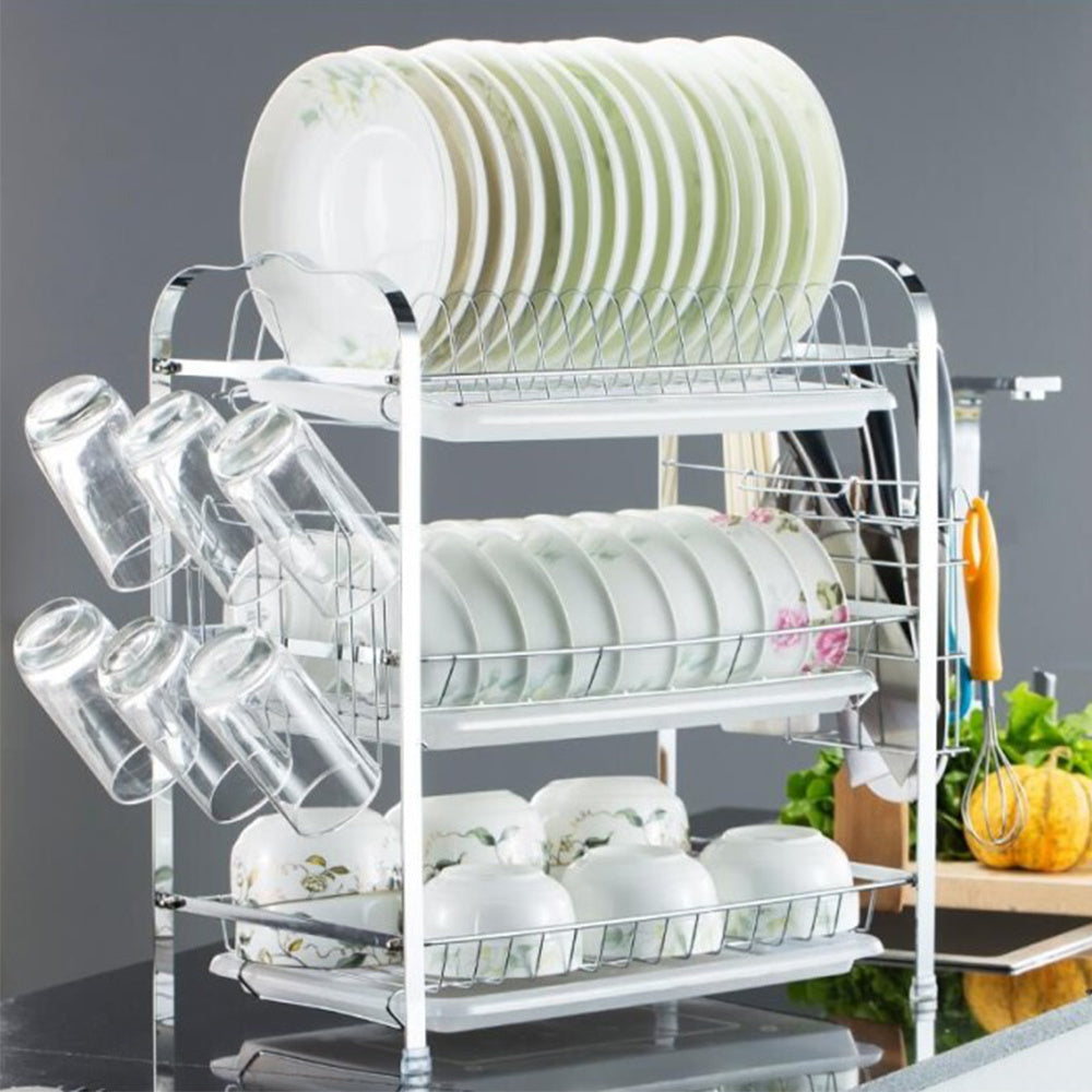 Afdroogrek Keuken – Vaatdroogrek – Dubbellaags Rek – Droogrek Metalen – Bestekhouder – Zilveren Heavy-Duty Rek – 42x25x49 cm – Draaggewicht 40 kg – Ruimtebesparend Design