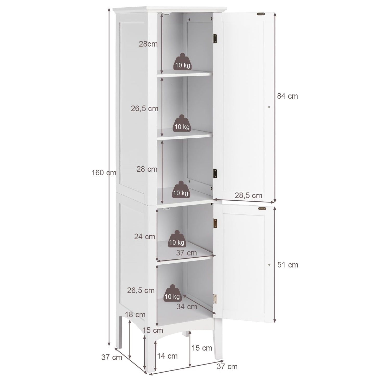 Hoge Kast – Smalle Kast – Opbergkast – Badkamerkast – Woonkamerkast – 160 CM Hoog – MDF Waterbestendig