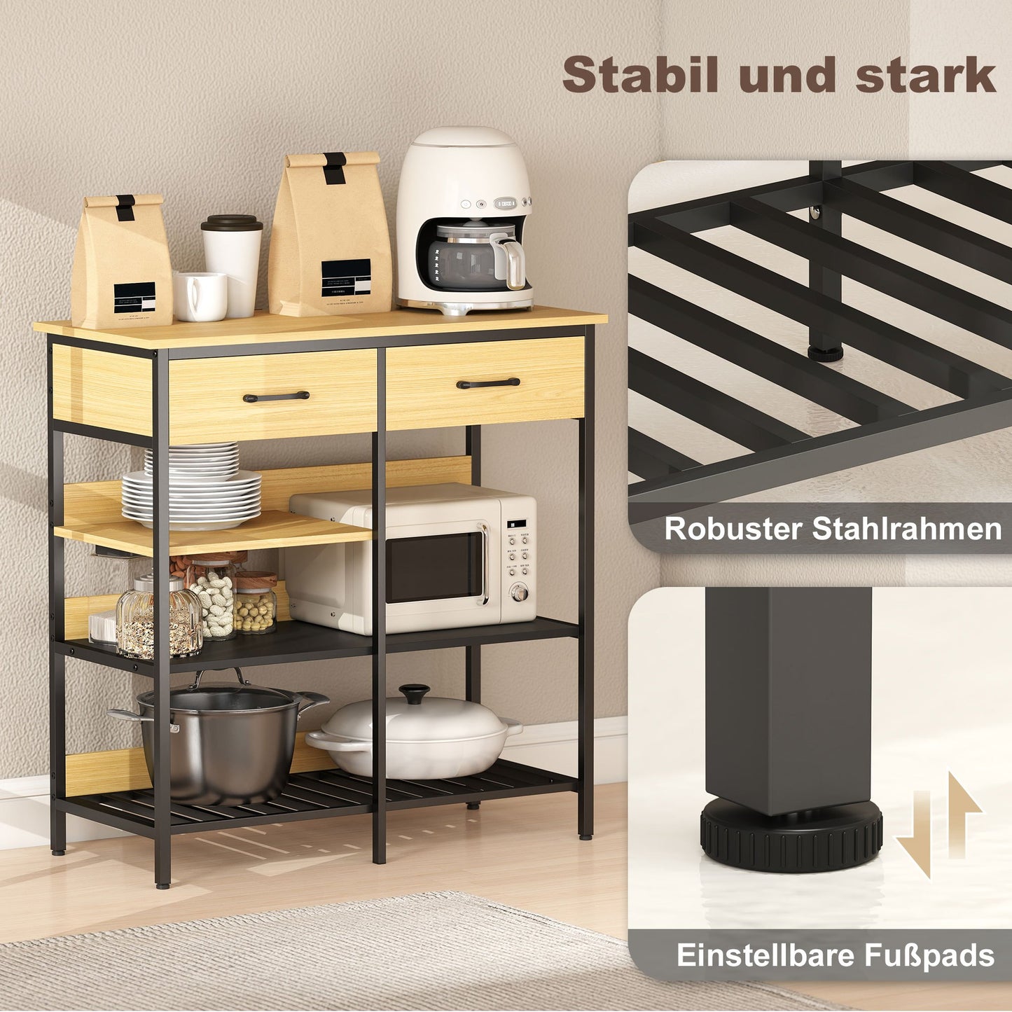 Dressoir – Sideboard – Kast – Buffet – Opbergkast – Naturel Hout – 2 Lades en 3 Open Vakken – 90x40x91 cm Compact en Stevig