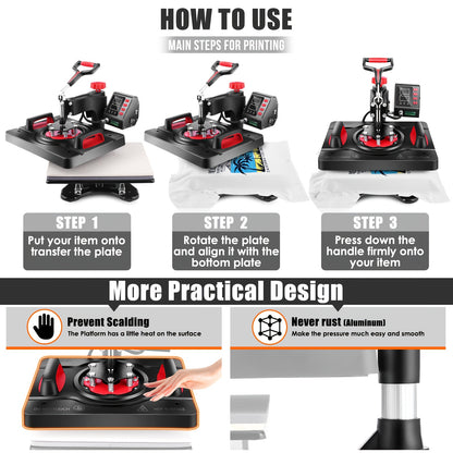5-in-1 Hittepers – Sublimatiepers – T-shirt Pers – Mok Pers – Pettenpers – Zwart – Swing-Away Ontwerp – Digitale Temperatuurregeling