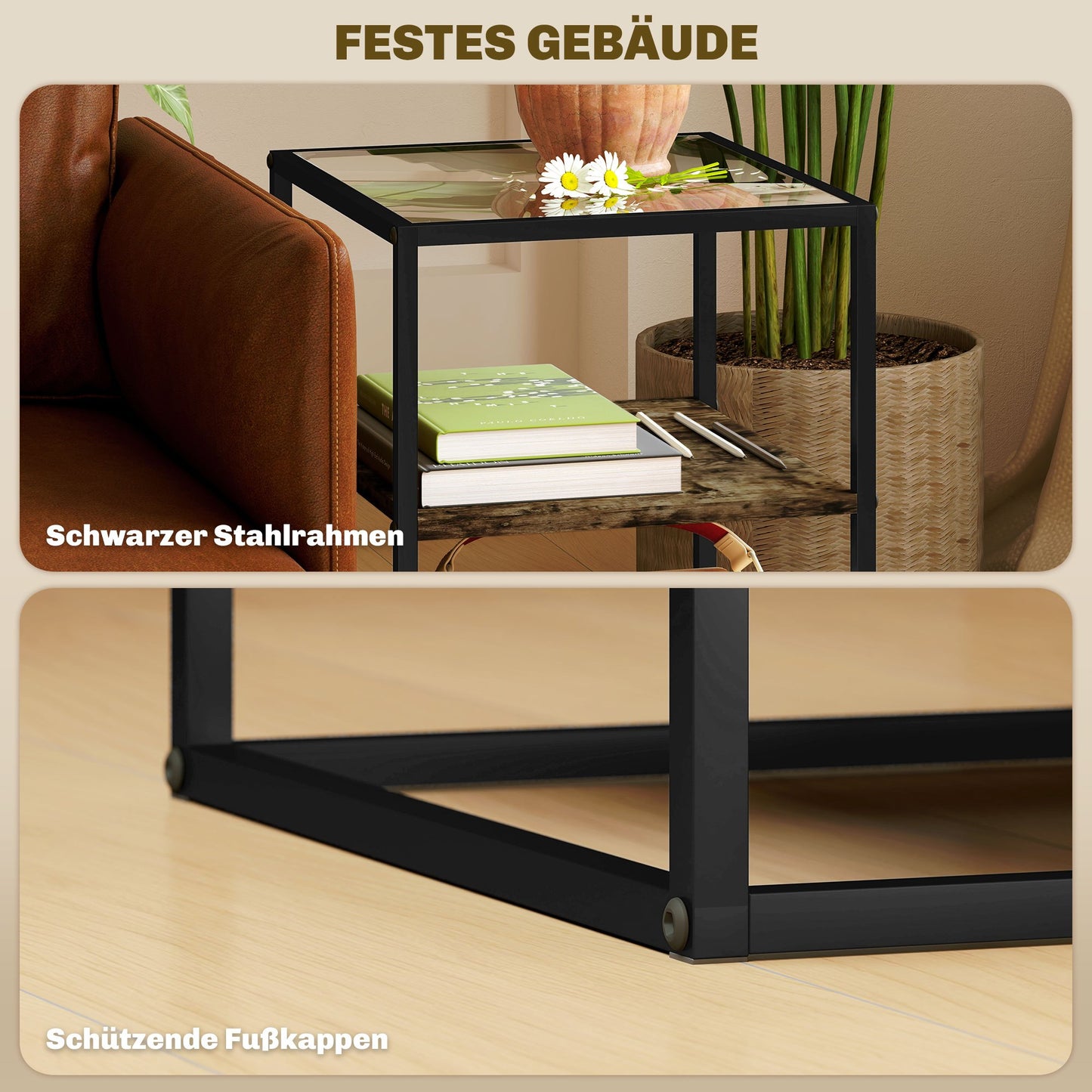 Bijzettafel – Salontafel – Tafeltje – Nachtkastje – 2-delige Set Rustic Brown – Met Glazen Blad – Robuust Metalen Frame – 3-laags Design