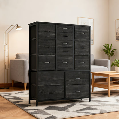 15-Laden Kast – Opbergkast – Ladekast – Dressoir – Organiser – Metaal & Stof – 15 Ruime Laden – Verstelbare Plastic Pootjes – Rustiek Design – 112 cm Breed – Zwart