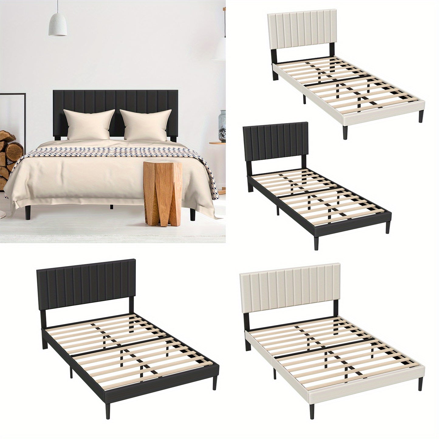 Upholstered Bed Frame with Headboard and Slatted Base, Sturdy Metal Platform, Mattress Foundation, Black/Beige