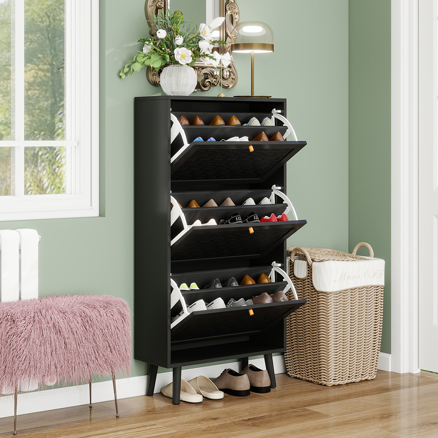 Schoenenkastje – Schoenenrek – Schoenopberger – Entreekast – Schoenmeubel – Zwart Bamboe – Boho Streepjespatroon – Compact 60x24x121 cm