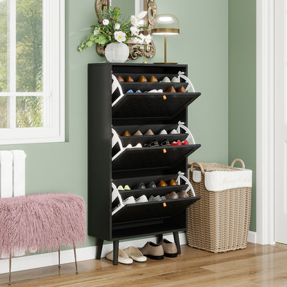 Schoenenkastje – Schoenenrek – Schoenopberger – Entreekast – Schoenmeubel – Zwart Bamboe – Boho Streepjespatroon – Compact 60x24x121 cm