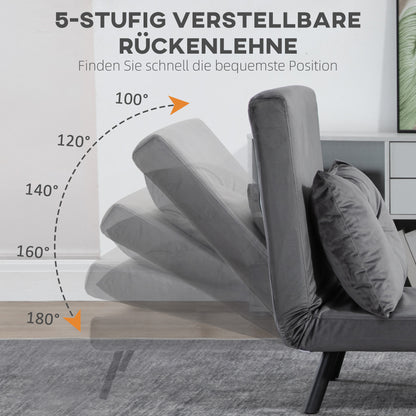 Slaapbank – Bedbank – Slaapstoel – Tweepersoonsbed – Verstelbare Rugleuning – Fluweelzachte Donkergrijze Bekleding – Stalen Frame – Inclusief Kussen