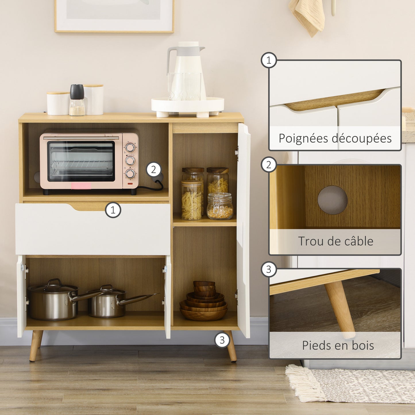 Keukenkastje – Keukenbuffet – Opbergkast – Kast met Lade – Keukenkast met Verstelbare Planken – 90x40x98,5 cm – Wit Met Houtlook – Duurzaam Melamine – Anti-Kantelbeveiliging