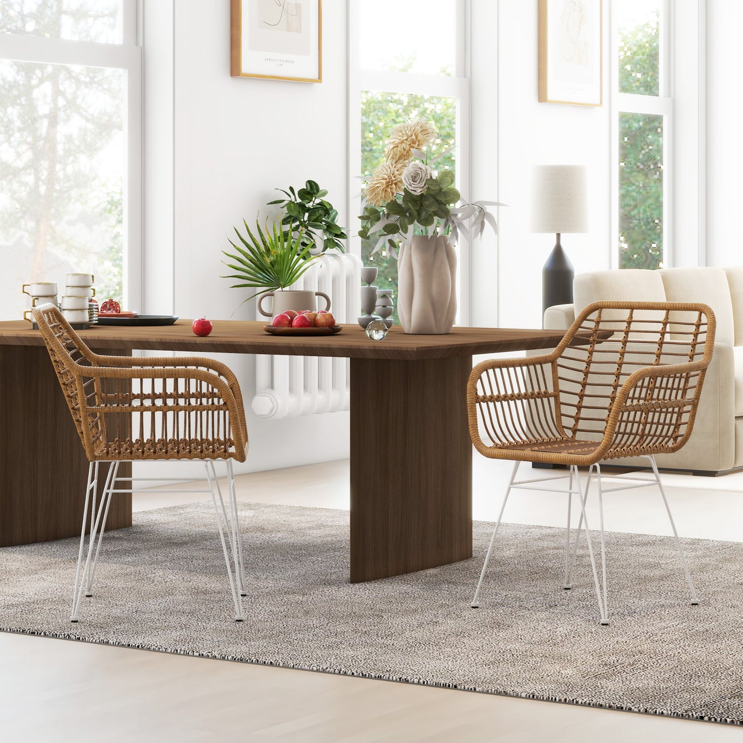 Eetkamerstoel – Keukenstoel – Stoel – Kuipstoel – Rattan Look – Set van 2 – Met Rugleuning – Metaal Frame – Lichtbruin/Wit – 56x60x79 cm