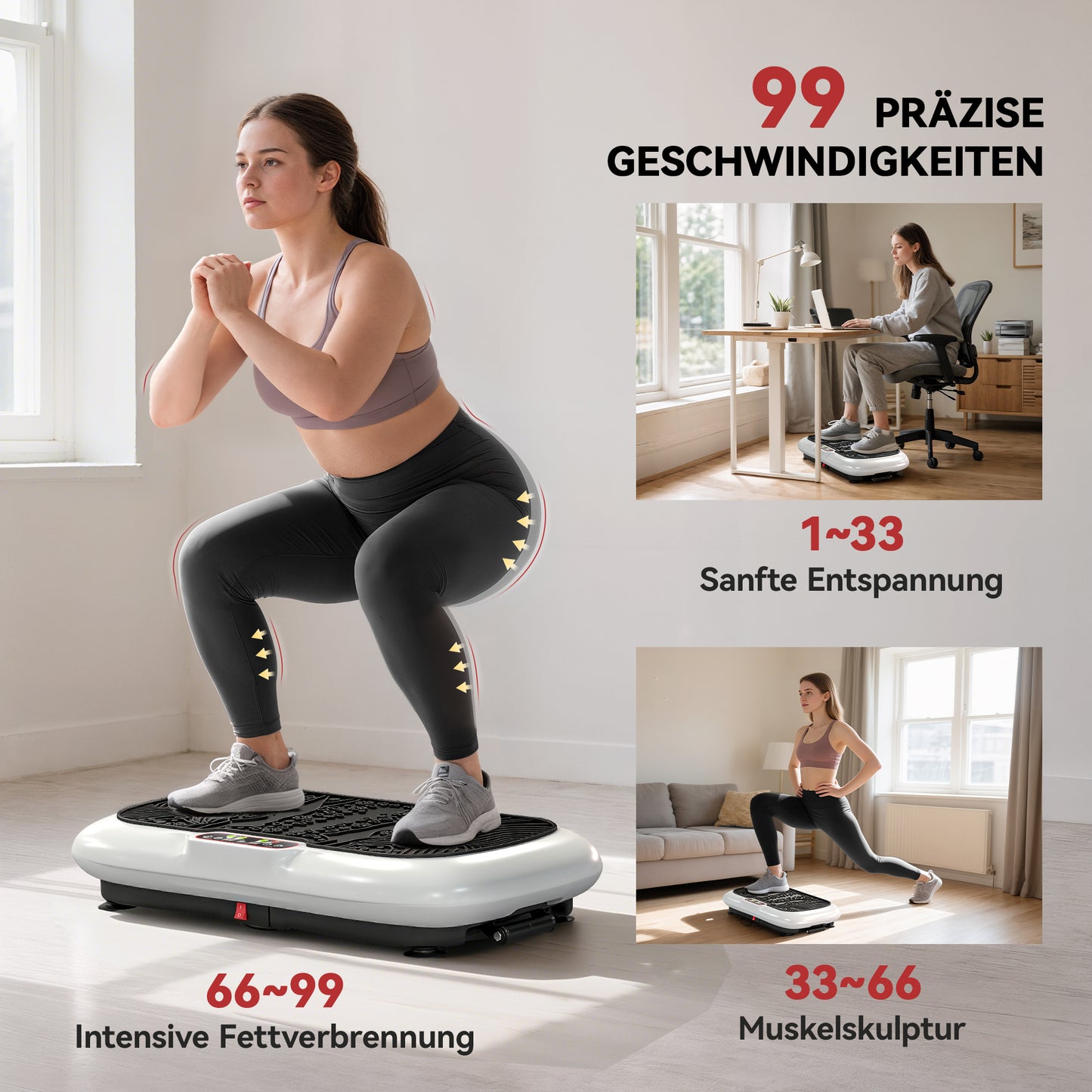 Vibratieplaat – Trillingsplaat – Balansbord – Fitnessplaat – Trainingsapparaat – 99 Instelbare Snelheidsniveaus – Inclusief 2 Fitnessbanden – Compact 73x40x13 cm – Wit/Zwart