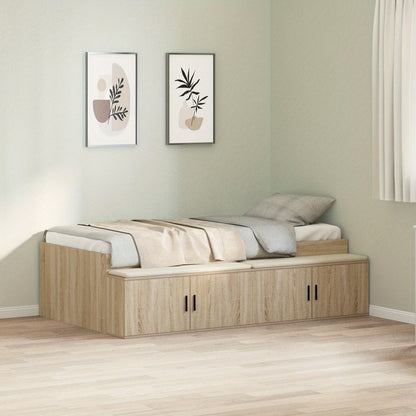 Opbergbed – Opbergbedframe – Bed met Laden – Eenpersoonsbed – Slaapbank – Eiken Bruin – 90x200 cm – Hardhouten Frame – Ingebouwde Opbergladen