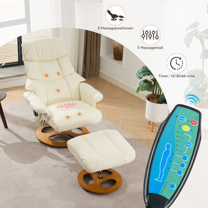 360° Swivel Recliner Chair with Massage & Heat - Heavy-Duty Metal Frame, PU Fabric White Modern Reclining Lounge Chair with Ottoman Footrest, Manual Operation, No Assembly Required, Easy-Clean Surface for Living Room, Home T