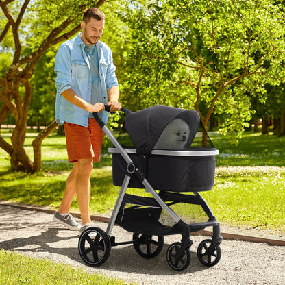 Hondenwagen – Hondentrolley – Draagtas – Hondenbuggy – Wandelwagen – Opvouwbaar Aluminium Frame – Inclusief Wasbaar Kussen – Zwart – Geschikt Tot 10 Kg – Met Opbergbak