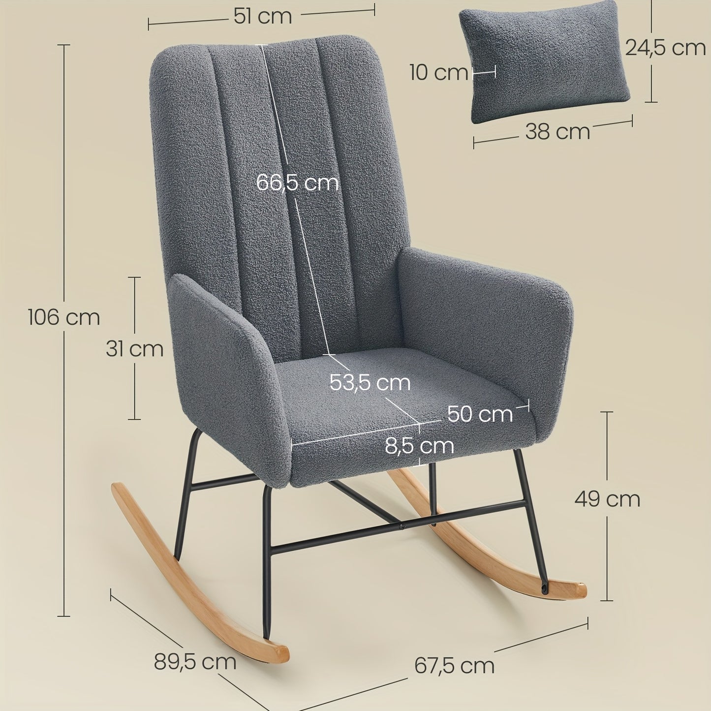 Schommelstoel – Relaxstoel – Fauteuil – Loungestoel – Zitzak – Met Armleuningen – Fleece Bekleding – Stalen Frame Met Rubberen Houten Poten – Max. Draagkracht 160 kg