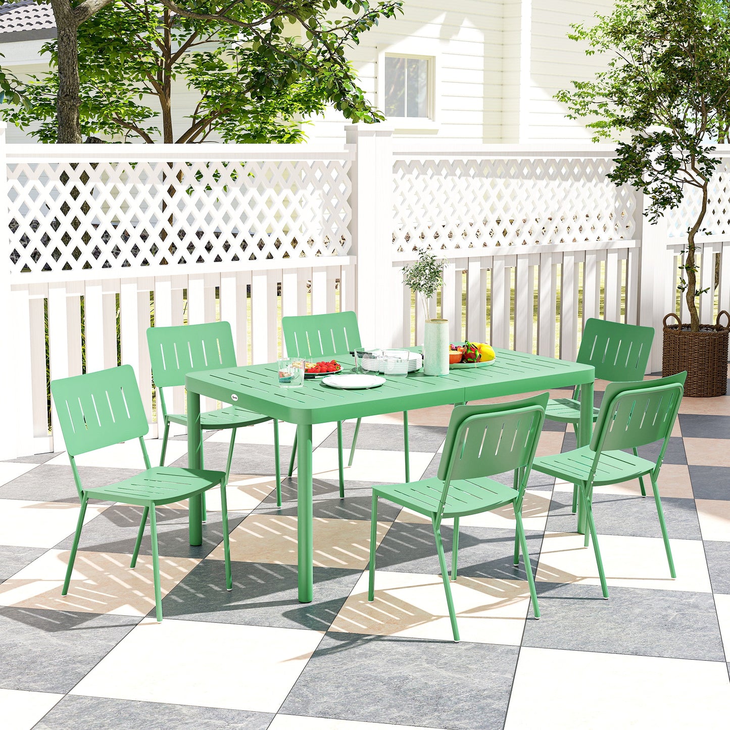 Tuinset – Tuinmeubel – Buitenmeubilair – Bistroset – Eettafelset – Groen – 7-delig – 150 cm Lattenblad – Roestvrij Gepoedercoat Staal