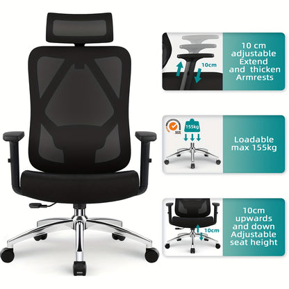 Bureaustoel – Office Chair – Gamestoel – Draaistoel – Bureaustoelen Voor Volwassenen – Ergonomisch Design – Verstelbare Lendensteun & Hoofdsteun – Roestvrij Stalen Frame – Kantelfunctie 135° – Geschikt Voor Harde Vloer