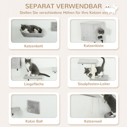 Klimmuur Kat – Kattenklimwand – Kattenhuisje – Krabpaal – Speelplatform – Muurmontage – Ruimtebesparend Ontwerp – Stevig Chipplaat Grijs