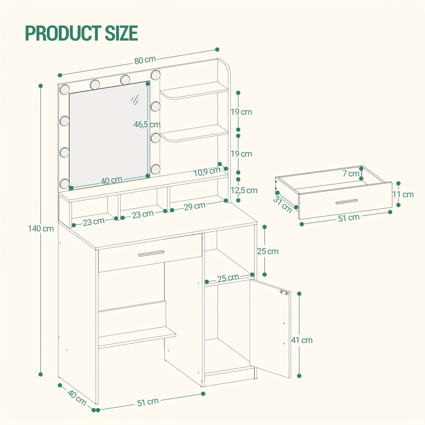 Kaptafel – Make-up tafel – Toiletmeubel – Schminktafel – Visagie tafel – Met 10 LED Lampen – 3 Verstelbare Lichtstanden – Zwart