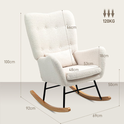 Schommelstoel – Rocking Chair – Relaxstoel – Fauteuil – Stoel – Teddy Stof – Houten Poten – Verstelbare Rugleuning