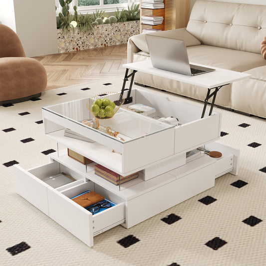 Salontafel – Koffietafel – Bijzettafel – Woonkamertafel – Tafeltje – Verstelbare Hoogte – Glazen Blad – Acryl Onderstel – Ruimtebesparend – Met Opbergruimte