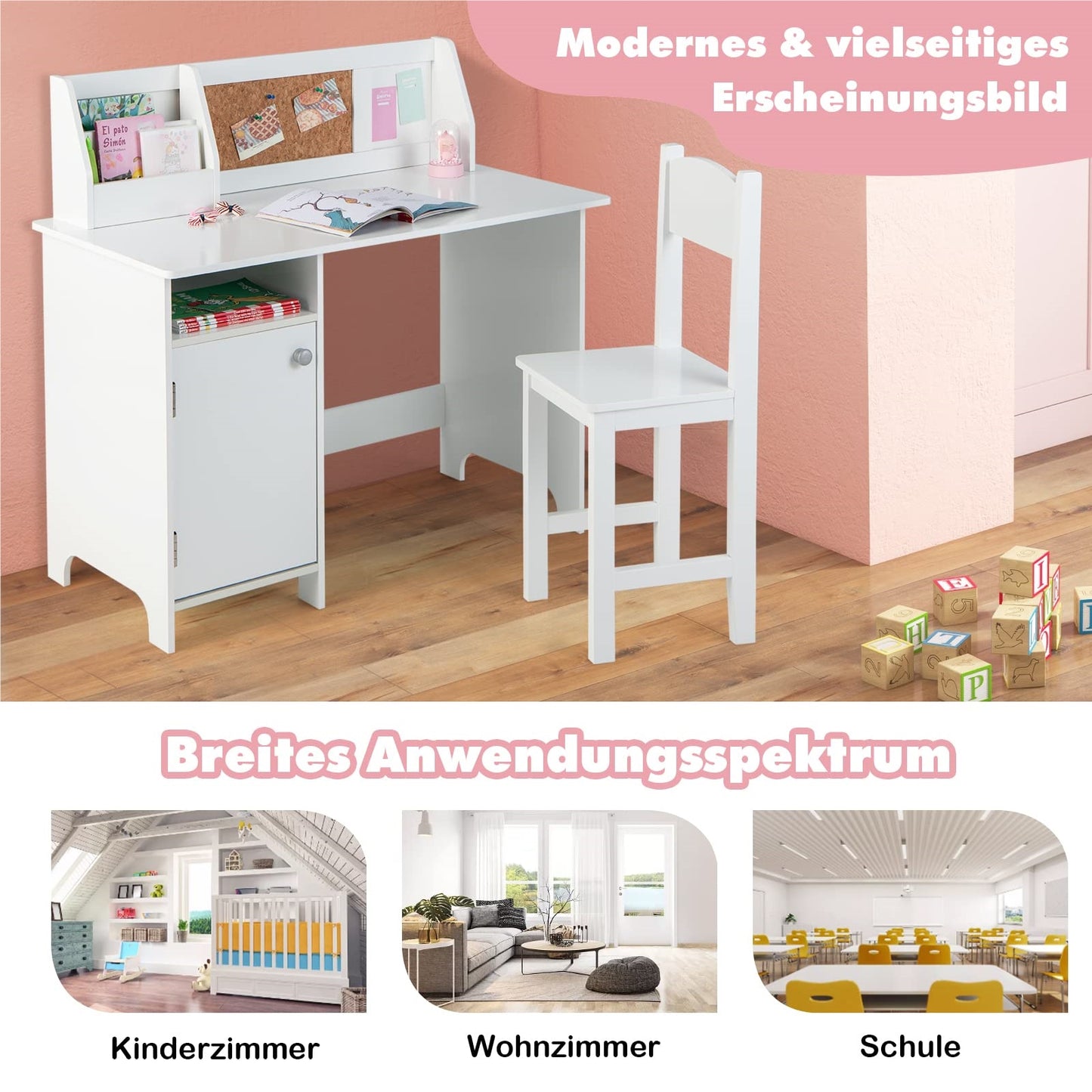 Kinderbureau – Bureautje – Studietafel – Kindertafel – Bureau Set – Inclusief Stoel – Met Boekenkast & Magnetisch Bord – Wit – Ergonomisch Design – Duurzaam MDF Hout