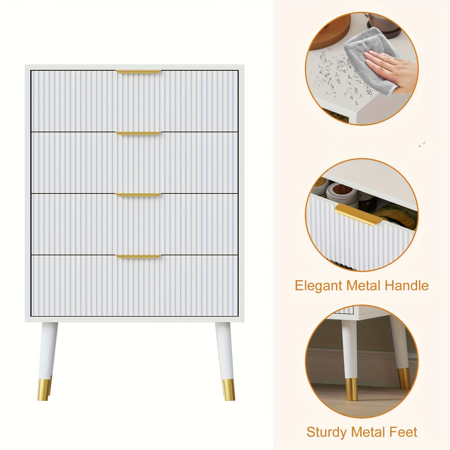 Opbergkast – Kast – Ladenkast – Ladekast – Dressoir – Zwart Met Geborsteld Gouden Handgrepen – 4 Laden – Stevige Constructie – Eenvoudige Montage