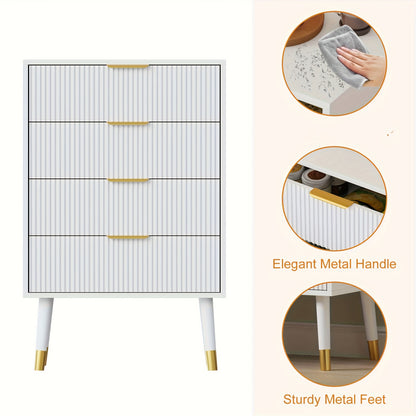 Opbergkast – Kast – Ladenkast – Ladekast – Dressoir – Zwart Met Geborsteld Gouden Handgrepen – 4 Laden – Stevige Constructie – Eenvoudige Montage