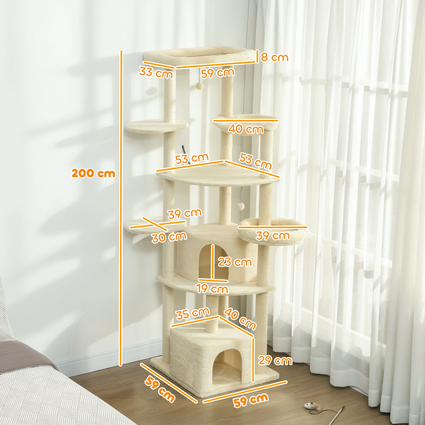 Krabpaal – Krabpaal Voor Katten – Krabmeubel – Kattenboom – Speelpaal Kat – Beige – 2 Meter Hoog – Stevige Constructie Met Kantelbeveiliging