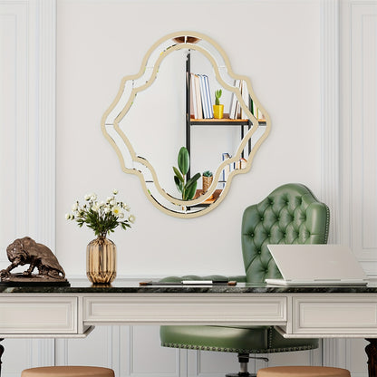 Wandspiegel – Muurspiegel – Decoratiespiegel – Interieurspiegel – Onregelmatige Spiegel – 88x80 cm – Gouden Rand – Ruimtelijk Effect