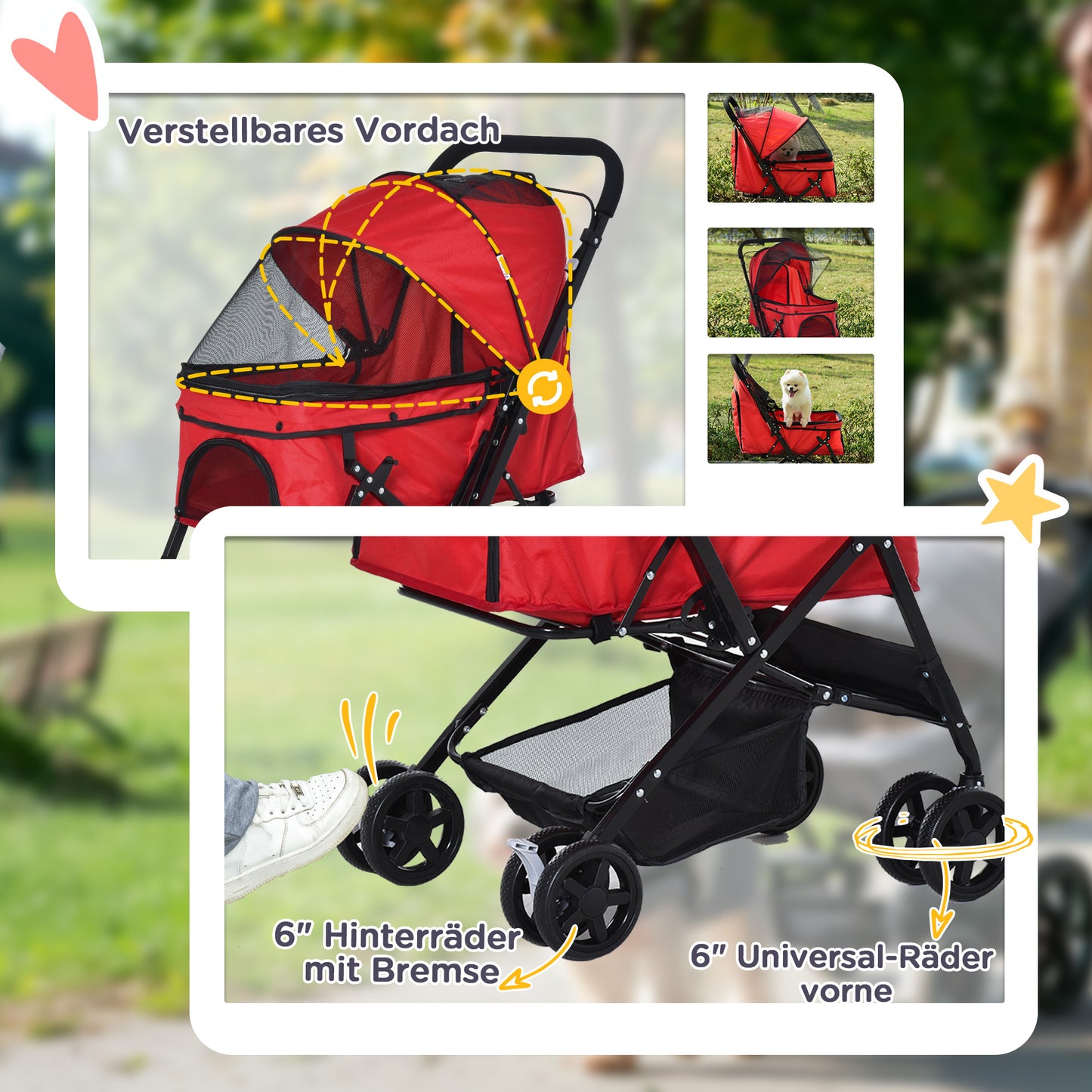 Hondenwagen – Hondenbuggy – Wandelwagen – Huisdierenwagen – Duwwagen – Opvouwbaar – Verstelbare Kap – Stevig Staalframe – Oxford Rood – Geschikt Tot 10 kg