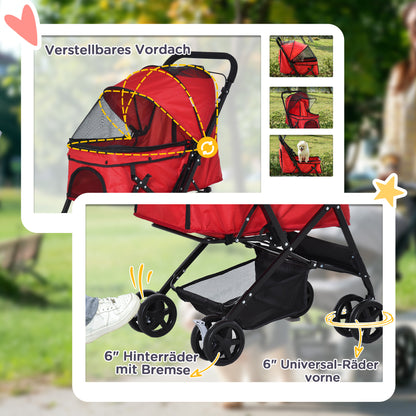 Hondenwagen – Hondenbuggy – Wandelwagen – Huisdierenwagen – Duwwagen – Opvouwbaar – Verstelbare Kap – Stevig Staalframe – Oxford Rood – Geschikt Tot 10 kg