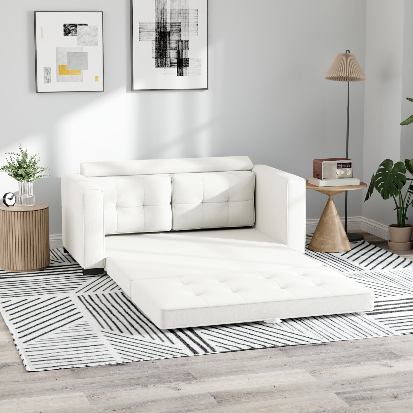 Bankbed – Slaapbank – Logeerbed – Sofa Bed – 2-Zits Convertible – Linnen-Effect Stof – Inklapbaar Matras – Compact Design 147,5x75x85 cm – Comfortabele Zit- en Slaapplek