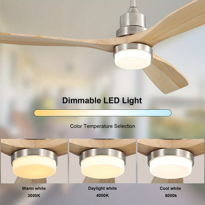 Plafondventilator – Ventilator – Luchtcirculator – Plafondwaaier – Houtventilator – Brushed Nickel Met Massief Houten Bladen – 132 cm – Dimbare LED-verlichting & Reversibele Stille DC Motor