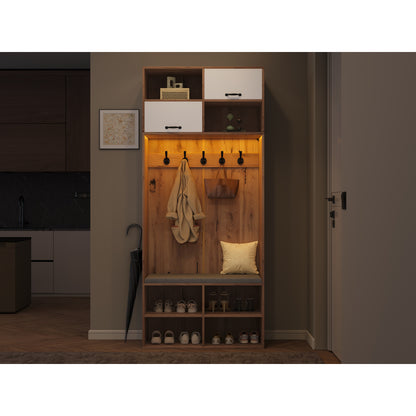 Kapstok – Halmeubel – Garderoberek – Zitbank – Opbergmeubel – 5 Haken – 2 Deuren Met 6 Open Vakken – Natuurlijk Hout Met Wit – 80x185x35 cm