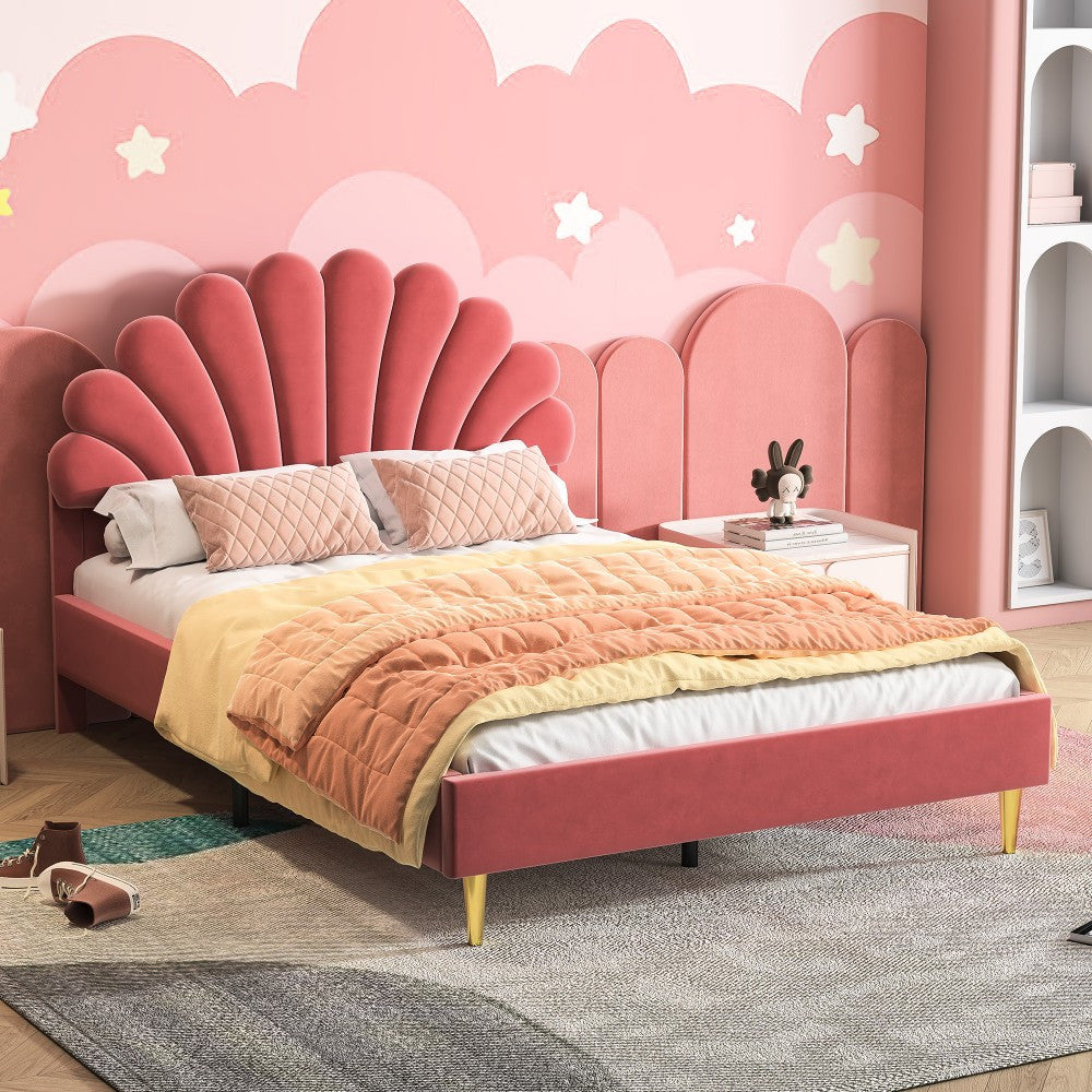 Tweepersoonsbed – Bedframe – Bed – Slaapbed – Lattenbodem – Fluwelen Bekleding – 140x200 cm – Gepolsterd Hoofdbord – Stabiel Houten Frame