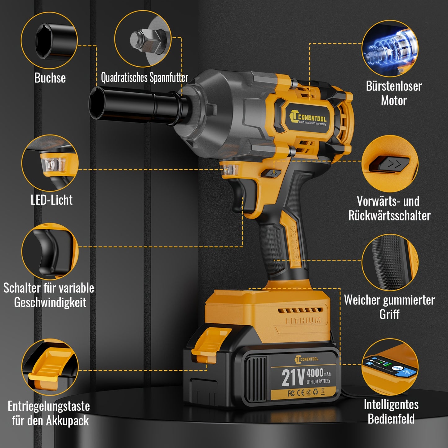 Slagmoersleutel 21V Draadloos – Accuboormachine – Slagmoersleutel Accu – Momentsleutel – Impact Wrench – 1000 Nm Koppel – Brushless Motor – 2 Batterijen + Snellader + Koffer