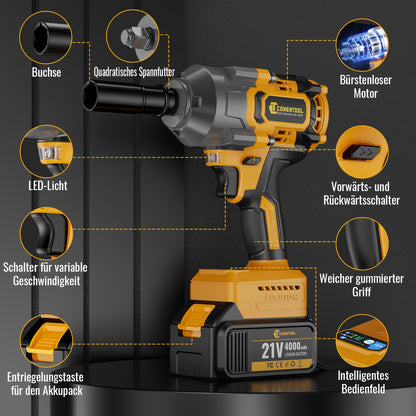 Slagmoersleutel 21V Draadloos – Accuboormachine – Slagmoersleutel Accu – Momentsleutel – Impact Wrench – 1000 Nm Koppel – Brushless Motor – 2 Batterijen + Snellader + Koffer