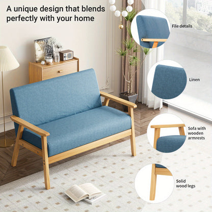 Bankstel – 2-Zitsbank – Sofa – Zitbank – Slaapbank – Linnen Bekleding – Massief Houten Frame – Comfortabel Zitten – Lichtbeige