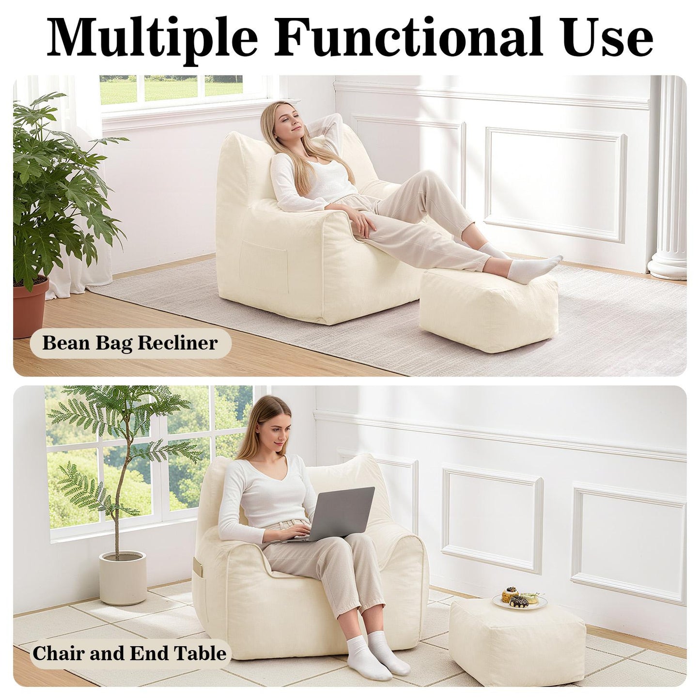 Zitzak – Zitzakstoel – Loungestoel – Beanbag – Fauteuil – Met Voetenbank – Memory Foam Vulling – Corduroy Stof – Ergonomisch Ontwerp – Wasbare Afritsbare Hoes