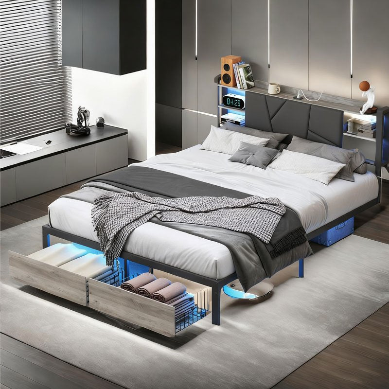 Tweepersoonsbed – Dubbelbed – Bedframe – Slaapbank – Opbergbed – 160 x 200 cm – PU Kunstleer Zwart – USB Poorten & LED Verlichting – Met Lade Opbergruimte