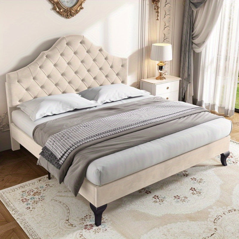Gestoffeerd Bedframe – Bedombouw – Bedframe – Slaapbed – Bed – 140x190 cm – Verstelbare Hoofdsteun – Houten Lattenbodem – Beige Velours