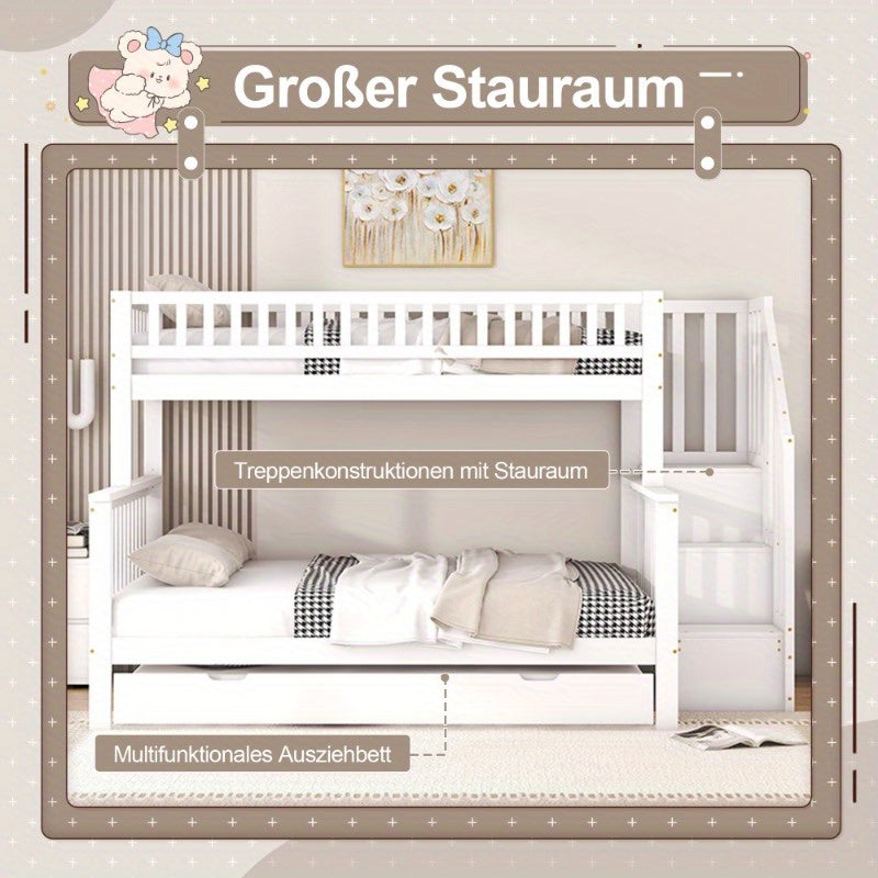 Stapelbed – Hoogslaper – Kinderbed – Etagebed – Bunkbed – Wit – Ruimtebesparend Ontwerp – Uitschuifladen Met Ladder – 140x200 & 90x200 cm – Lattenbodem – Eenvoudige Montage