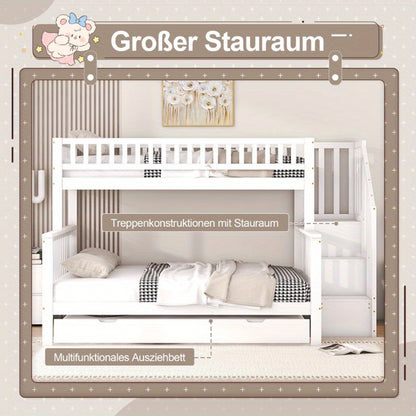 Stapelbed – Hoogslaper – Kinderbed – Etagebed – Bunkbed – Wit – Ruimtebesparend Ontwerp – Uitschuifladen Met Ladder – 140x200 & 90x200 cm – Lattenbodem – Eenvoudige Montage