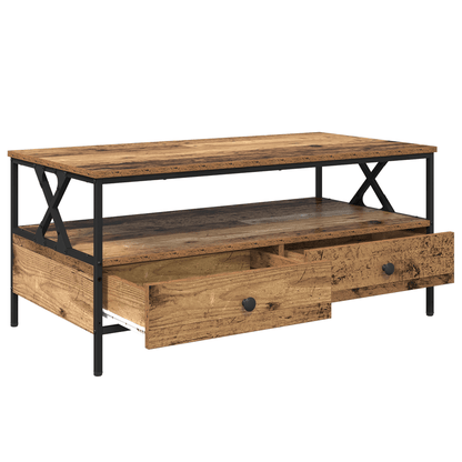 Salontafel – Bijzettafel – Woonkamertafel – Theetafel – Opbergtafel – Industrieel Design – Hardhout Old Wood – 100 x 51 x 45 cm – Lade en Extra Plank